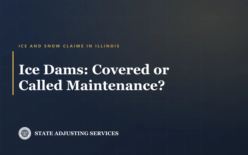 Article cover: ice dams — what insurance covers and what it calls maintenance, from State Adjusting Services
