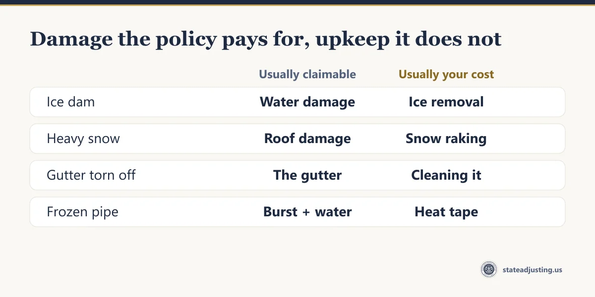 Table: water damage and a burst pipe are usually claimable; ice removal, snow raking and heat tape are usually your own cost
