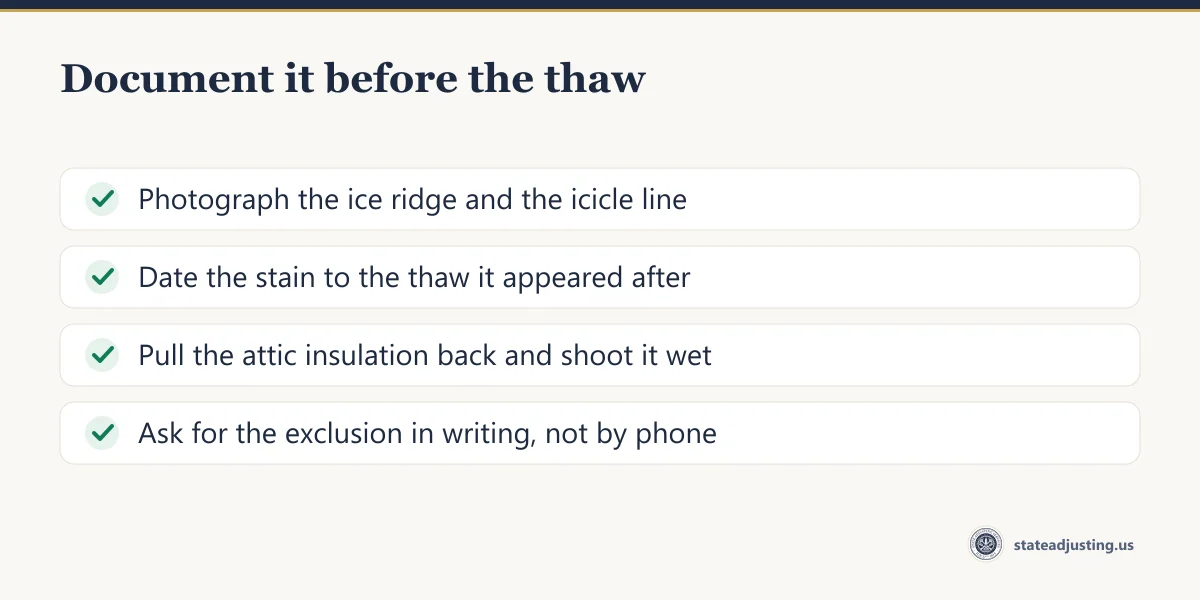 Checklist: photograph the ice ridge, date the stain to the thaw, shoot wet attic insulation, get the exclusion in writing