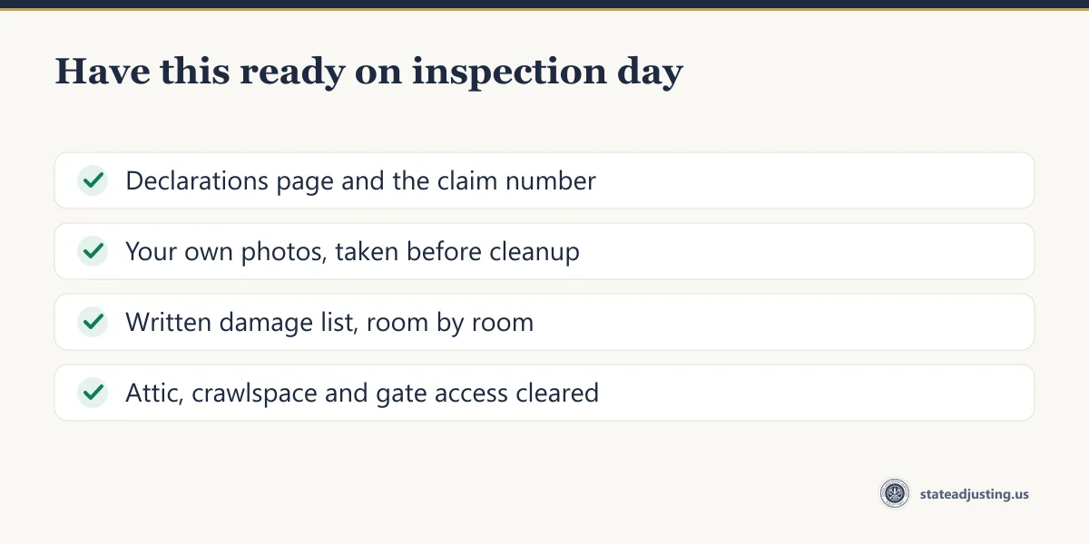 Checklist banner: declarations page and claim number, your own photos taken before cleanup, a written room-by-room damage list, and attic, crawlspace and gate access cleared