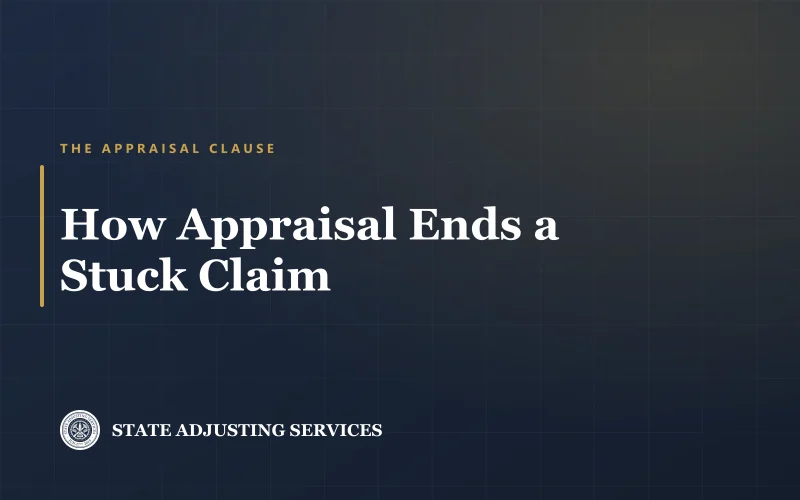 Article cover: how the appraisal clause ends a stuck insurance claim, from State Adjusting Services