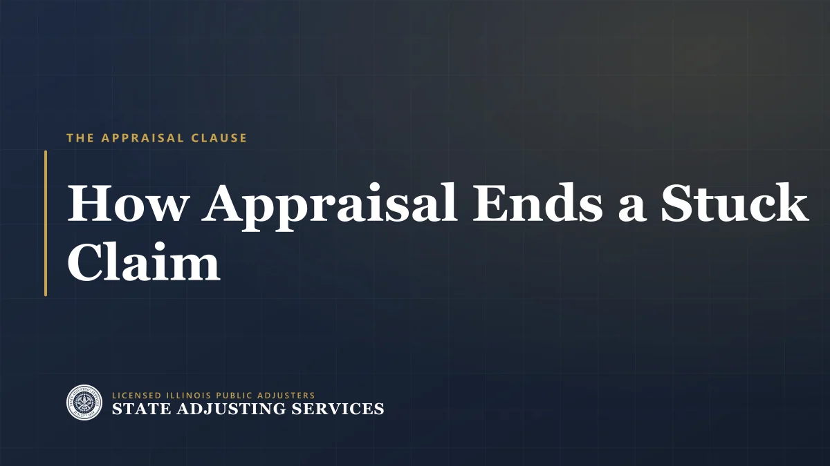 Article cover: how the appraisal clause ends a stuck insurance claim, from State Adjusting Services