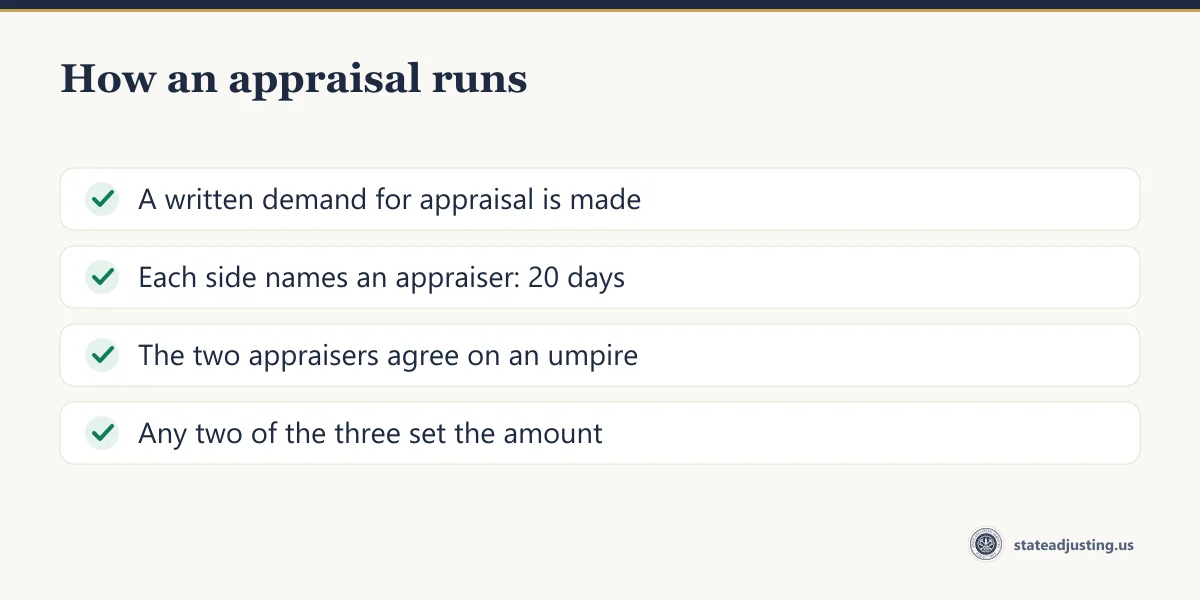 How an appraisal runs: a written demand, each side names an appraiser within 20 days, the two appraisers agree on an umpire, any two of the three set the amount