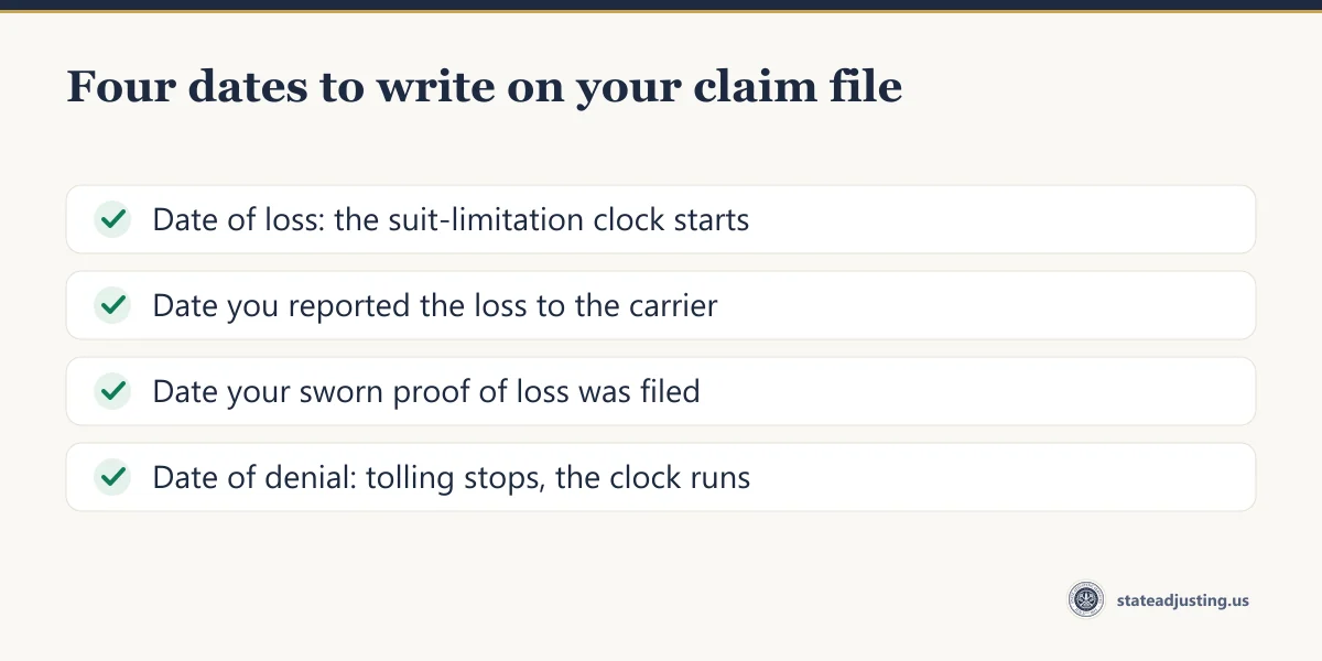 Four dates to write on a claim file: the date of loss, the date the loss was reported, the date the sworn proof of loss was filed, and the date of the denial