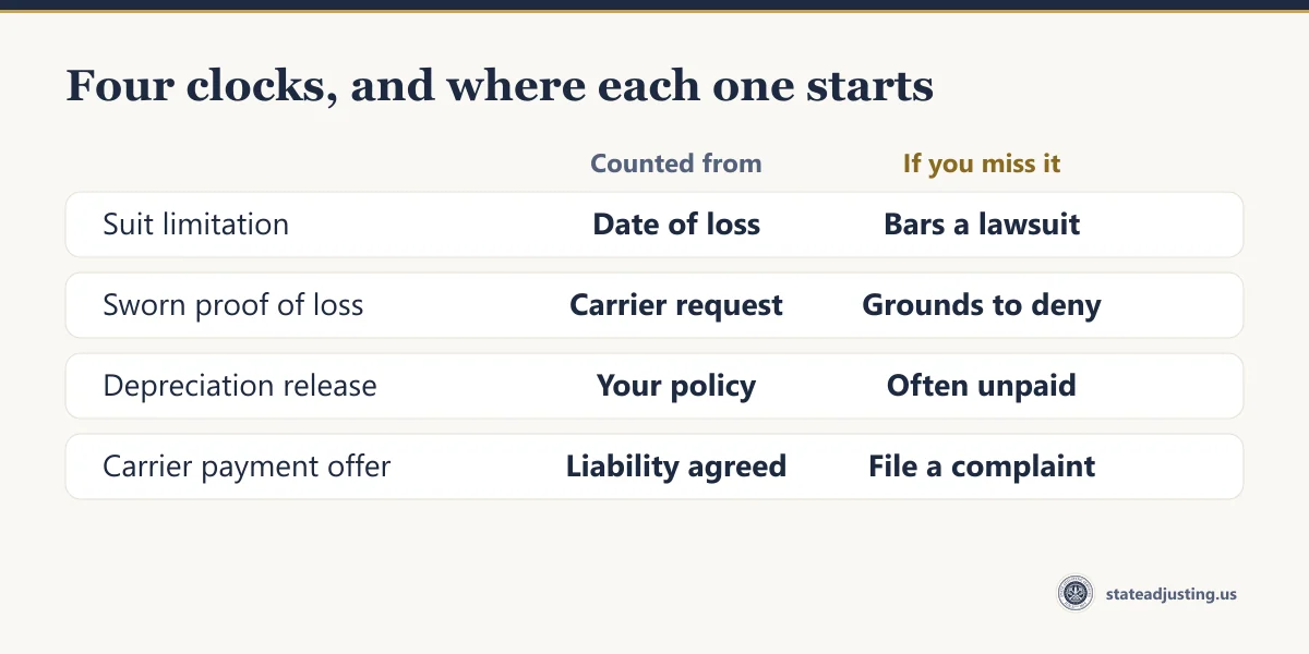 Four claim clocks and where each starts: suit limitation from the date of loss, proof of loss from the carrier request, depreciation release from the policy, and the payment offer once liability is agreed