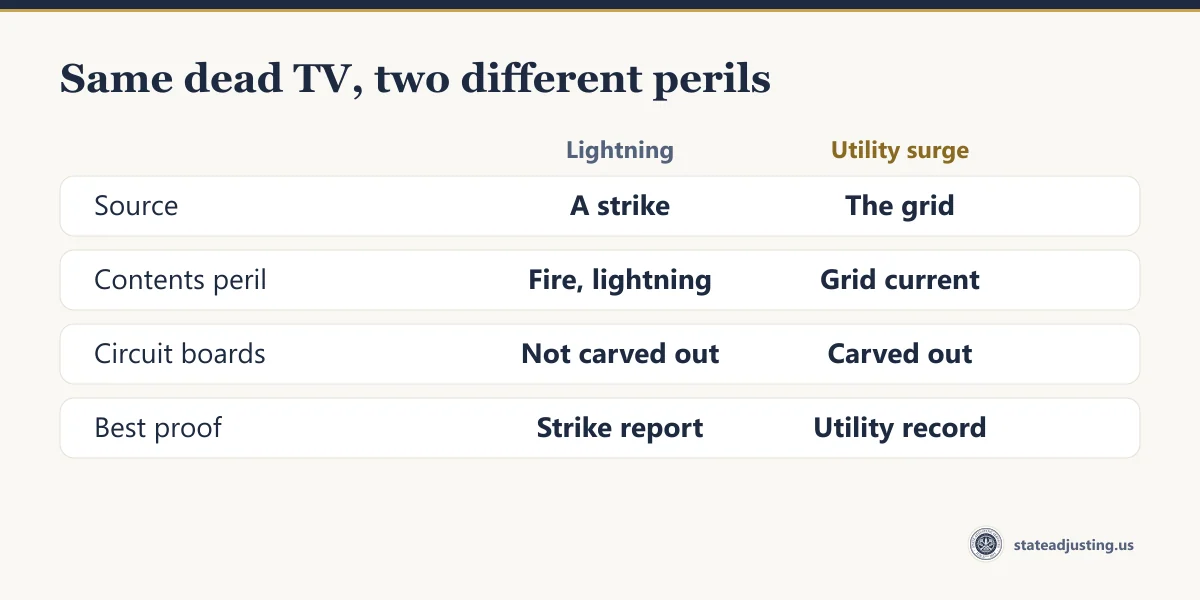 Comparison banner: lightning comes from a strike and falls under the fire or lightning peril with circuit boards not carved out; a utility surge comes from the grid and falls under the artificially generated current peril with circuit boards carved out