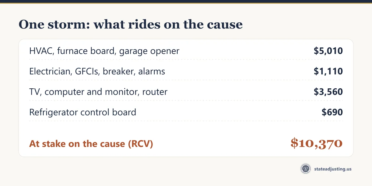 Worked example banner: air-conditioning, furnace board and garage opener $5,010, electrician, GFCIs, breaker and alarms $1,110, television, computer and router $3,560, refrigerator control board $690, with $10,370 at replacement cost riding on the cause