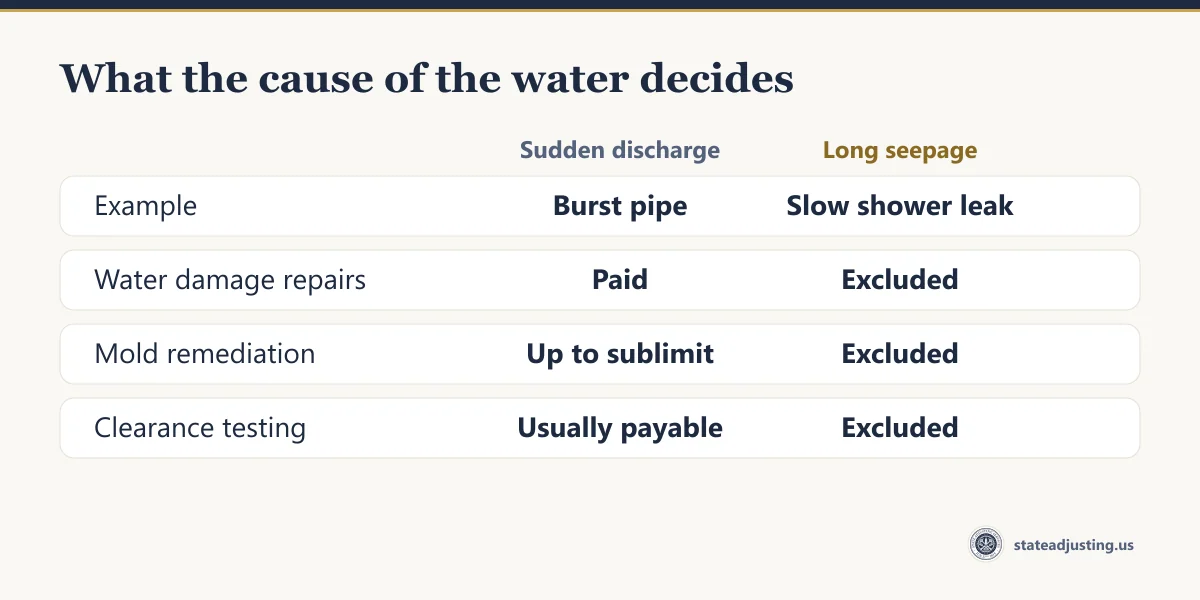 Comparison table showing that after a sudden discharge such as a burst pipe the water repairs are paid, mold remediation is paid up to the sublimit and clearance testing is usually payable, while after a long slow shower leak all three are excluded