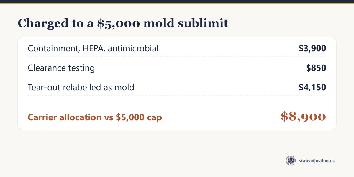 Receipt-style banner showing $3,900 of containment and HEPA work, $850 of clearance testing and $4,150 of tear-out relabelled as mold, totalling a carrier allocation of $8,900 against a $5,000 mold sublimit