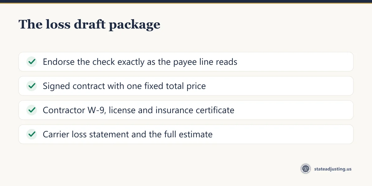 Checklist banner: the four documents a mortgage servicer needs to open a loss draft account