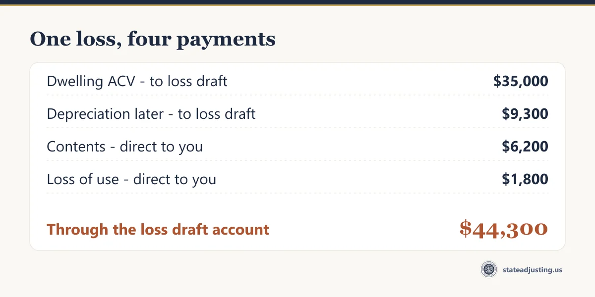 Receipt banner: how a $52,300 settlement splits between the loss draft account and payments direct to the homeowner
