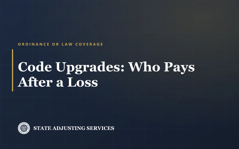 Article cover: ordinance or law coverage and who pays for building code upgrades after an insurance loss, from State Adjusting Services