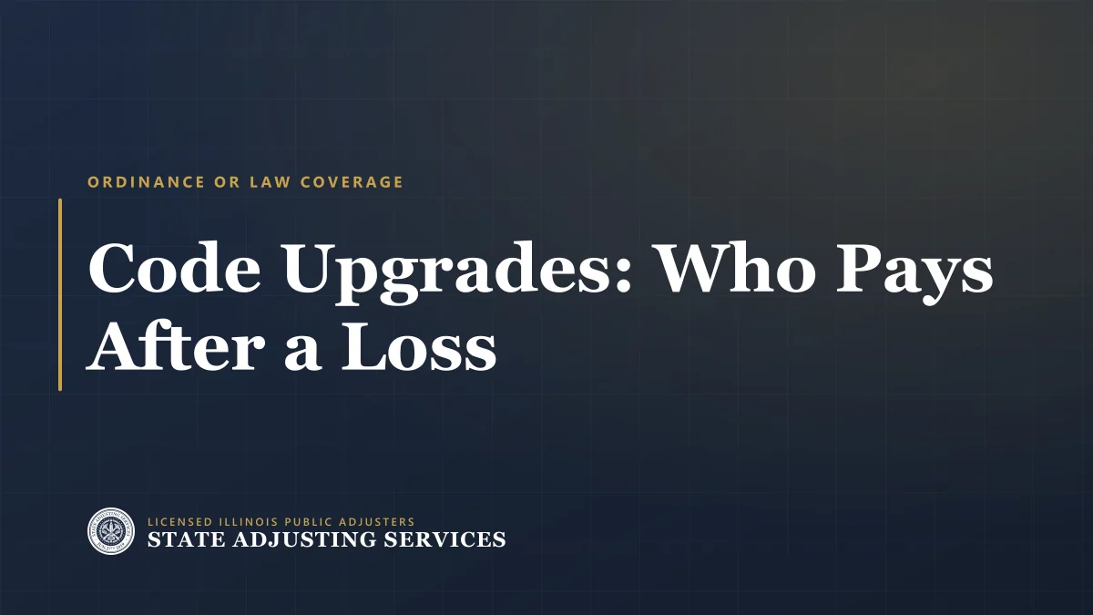 Article cover: ordinance or law coverage and who pays for building code upgrades after an insurance loss, from State Adjusting Services