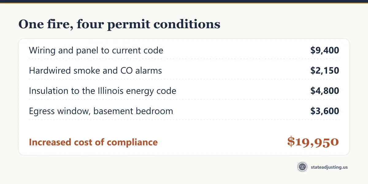 Receipt banner: wiring and panel $9,400, hardwired smoke and CO alarms $2,150, insulation to the Illinois energy code $4,800, basement egress window $3,600, an increased cost of compliance of $19,950