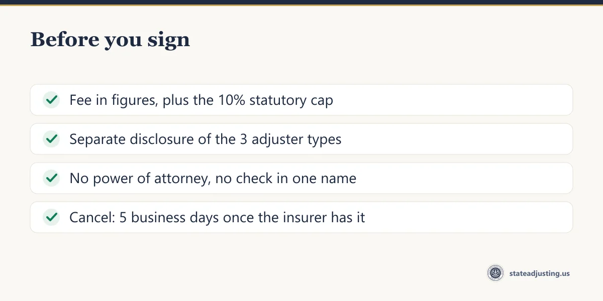 Checklist banner: fee in figures plus the 10% statutory cap, separate disclosure of the three adjuster types, no power of attorney, and five business days to cancel once the insurer has the contract