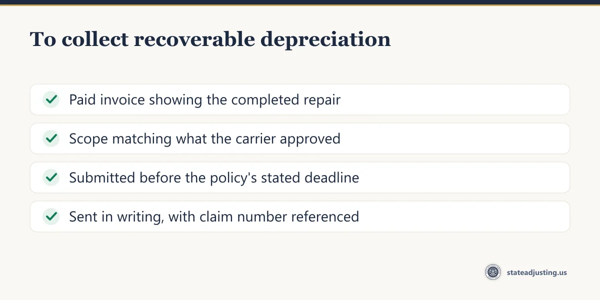 Checklist: paid invoice showing the completed repair, scope matching what the carrier already approved, submitted before the policy's stated deadline, sent in writing with the claim number referenced