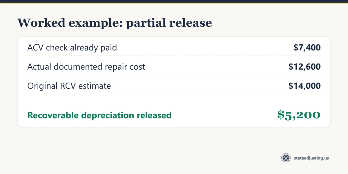 Worked example: a $7,400 ACV check already paid against a $12,600 actual documented repair cost released $5,200 in recoverable depreciation