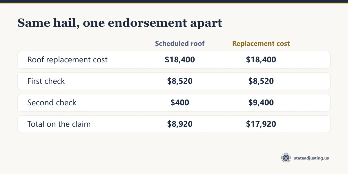 Comparison banner: the same $18,400 hail roof under a scheduled roof endorsement pays $8,920 in total against $17,920 under replacement cost, with an identical $8,520 first check