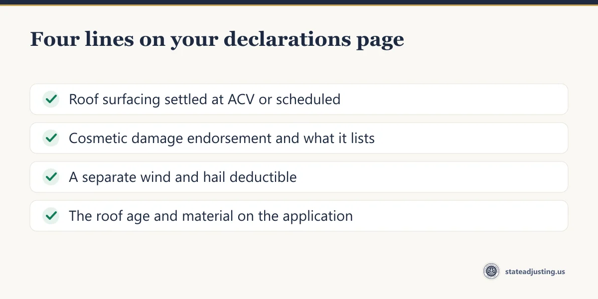 Checklist banner: four lines to find on your declarations page — roof surfacing settled at ACV or scheduled, cosmetic damage endorsement, separate wind and hail deductible, and the roof age and material on the application