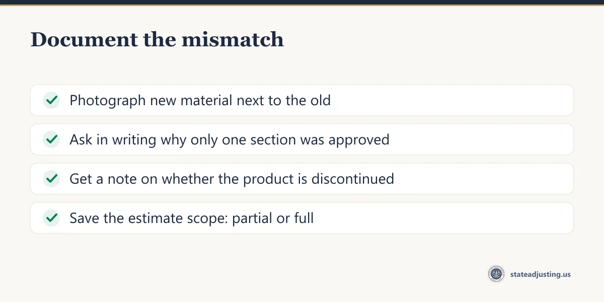 Checklist: photograph new material next to old, ask in writing why only one section was approved, get a note on product discontinuation, save the estimate's scope