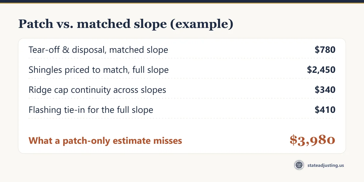 Worked example: tear-off and disposal, shingles priced to match the full slope, ridge cap continuity, and flashing tie-in, totaling 3,980 dollars a patch-only estimate can miss