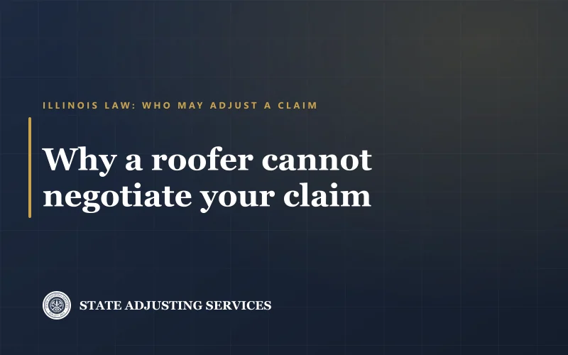 Article cover: why a roofer cannot negotiate your insurance claim in Illinois, from State Adjusting Services