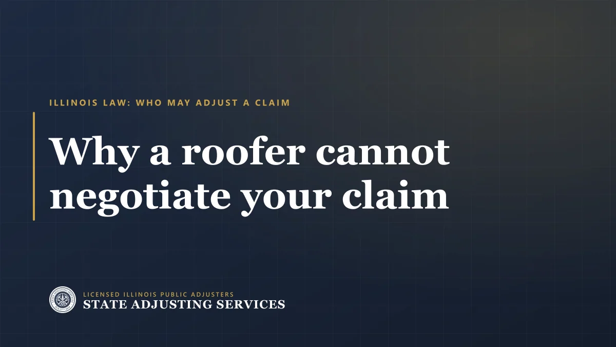 Article cover: why a roofer cannot negotiate your insurance claim in Illinois, from State Adjusting Services