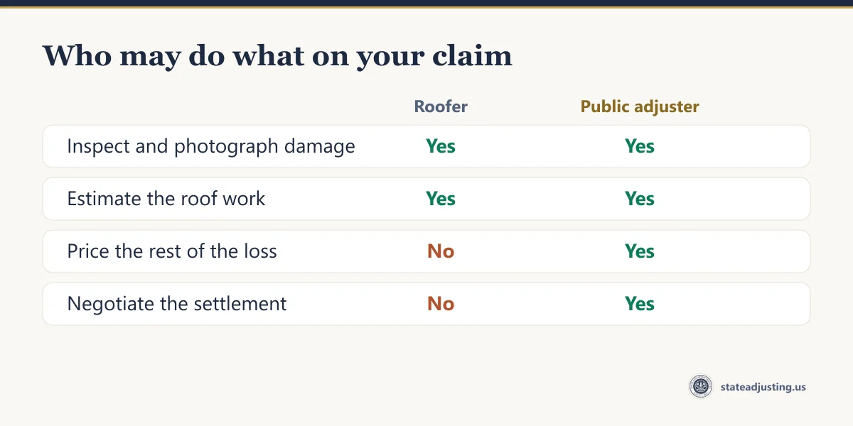 Comparison: a roofer may inspect damage and estimate roof work, but only a public adjuster may price the rest of the loss and negotiate the settlement