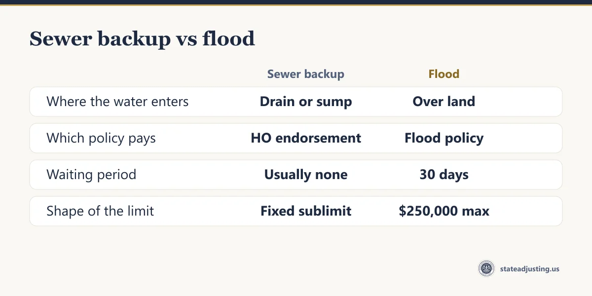 Comparison: sewer backup enters through a drain or sump and is paid by a homeowners endorsement with a fixed sublimit; flood arrives over land, needs a flood policy and has a 30-day waiting period