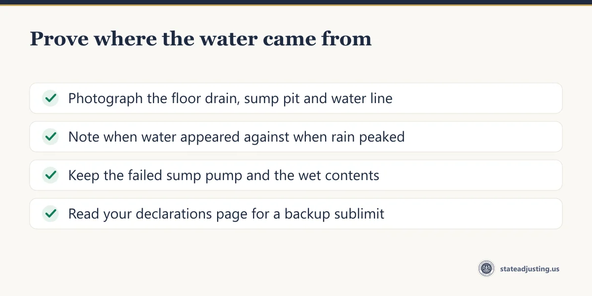 Checklist: photograph the floor drain, sump pit and water line; note when water appeared against when rain peaked; keep the failed sump pump; read the declarations page for a backup sublimit