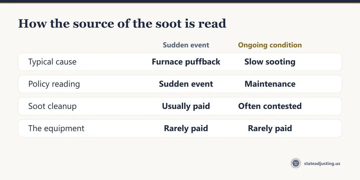 Comparison banner: a furnace puffback reads as a sudden event with the soot cleanup usually paid, while slow sooting reads as maintenance and is often contested; the equipment itself is rarely paid either way