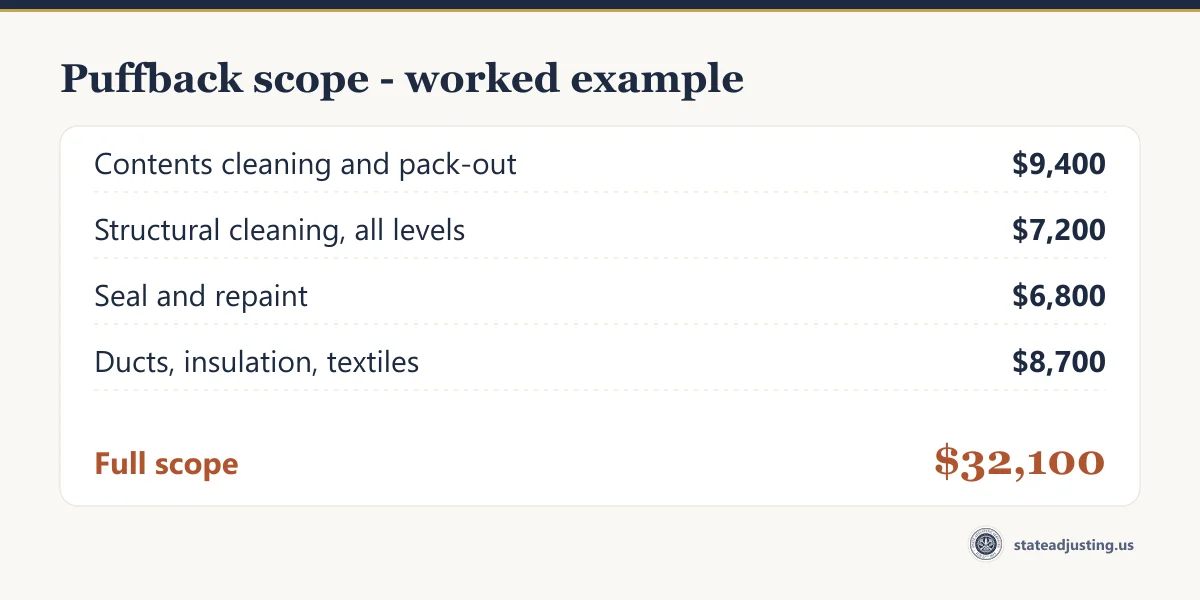 Receipt banner: an illustrative puffback scope of $9,400 contents cleaning and pack-out, $7,200 structural cleaning, $6,800 seal and repaint and $8,700 for ducts, insulation and textiles, totalling $32,100