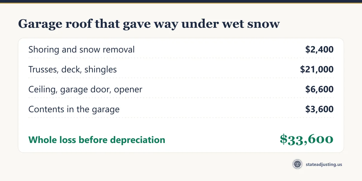 Receipt banner for a garage roof that gave way under wet snow: shoring and snow removal $2,400, trusses, deck and shingles $21,000, ceiling, garage door and opener $6,600, contents $3,600, whole loss before depreciation $33,600