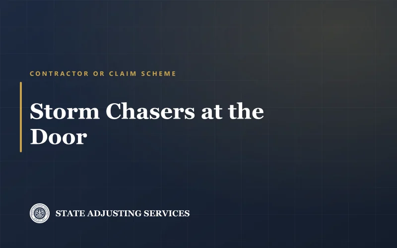 Article cover: storm chasers at the door, how to tell a contractor from a claim scheme, from State Adjusting Services