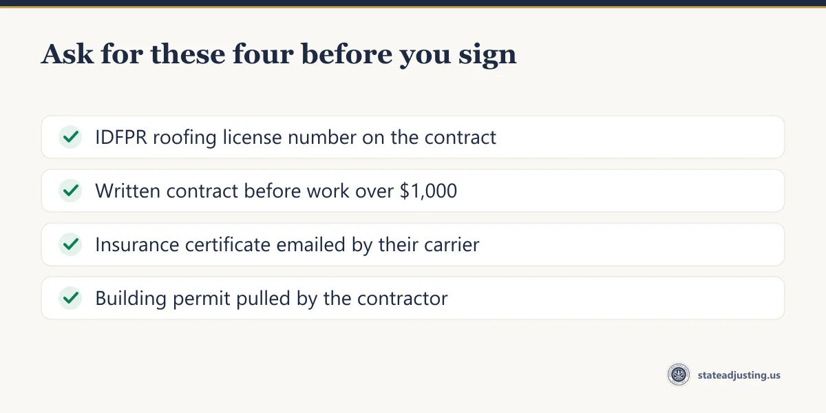Four documents to ask a storm-damage contractor for before signing: Illinois roofing license number, written contract, insurance certificate, permit