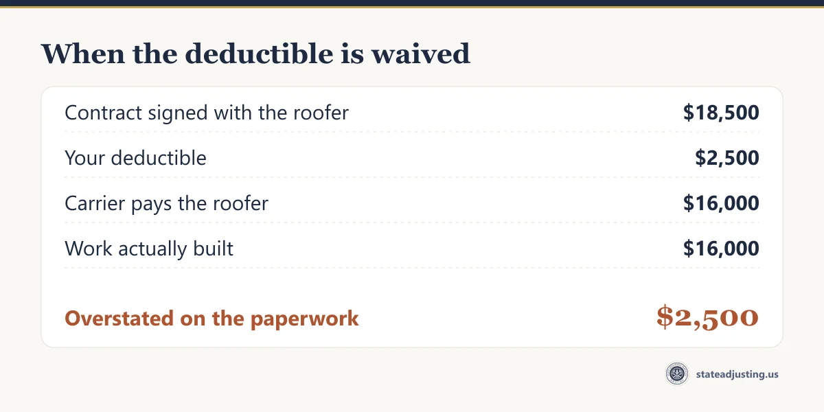 Worked example: an $18,500 contract where the $2,500 deductible is waived leaves a $16,000 job described to the insurer as an $18,500 job