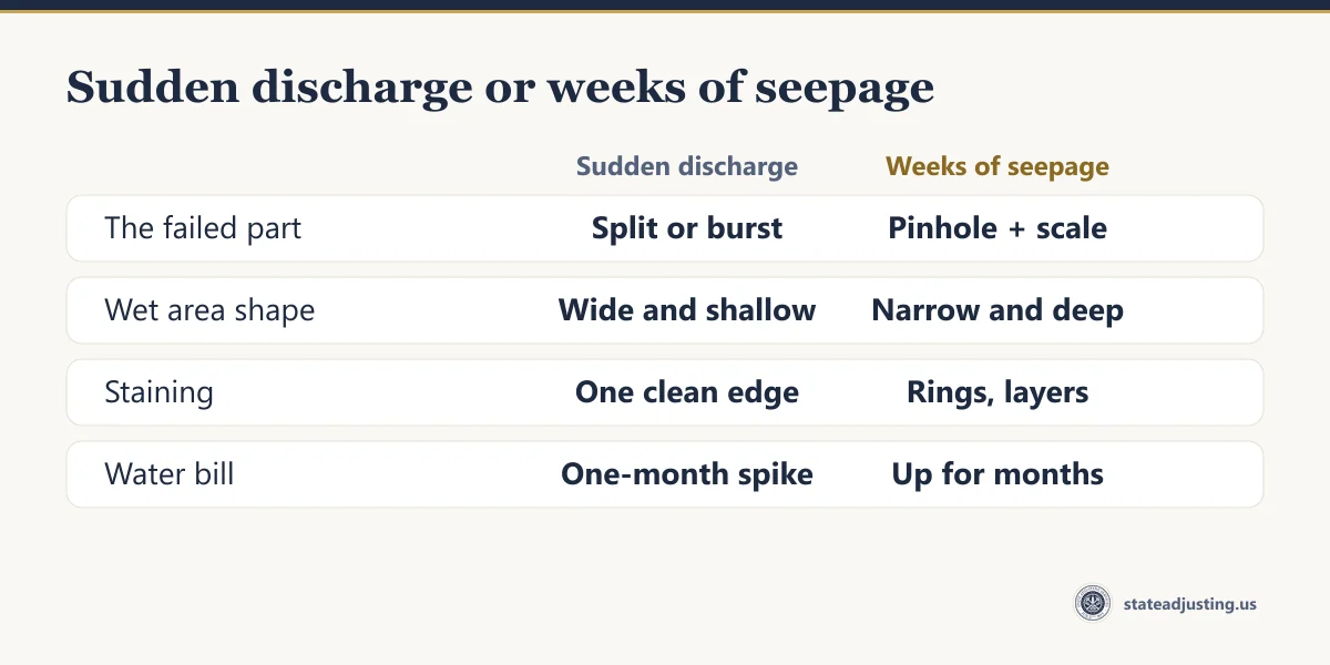 Comparison of what the evidence looks like on a sudden discharge versus weeks of seepage: the failed part, the shape of the wet area, staining pattern and the water bill
