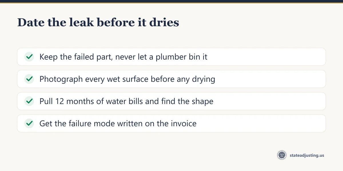 Checklist for dating a leak: keep the failed part, photograph before drying, pull twelve months of water bills, get the failure mode written on the invoice