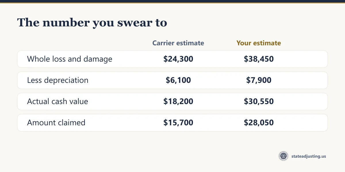 Comparison banner: the same wind and hail loss sworn at the carrier's figures, $24,300 whole loss and $15,700 claimed, against the documented figures of $38,450 and $28,050