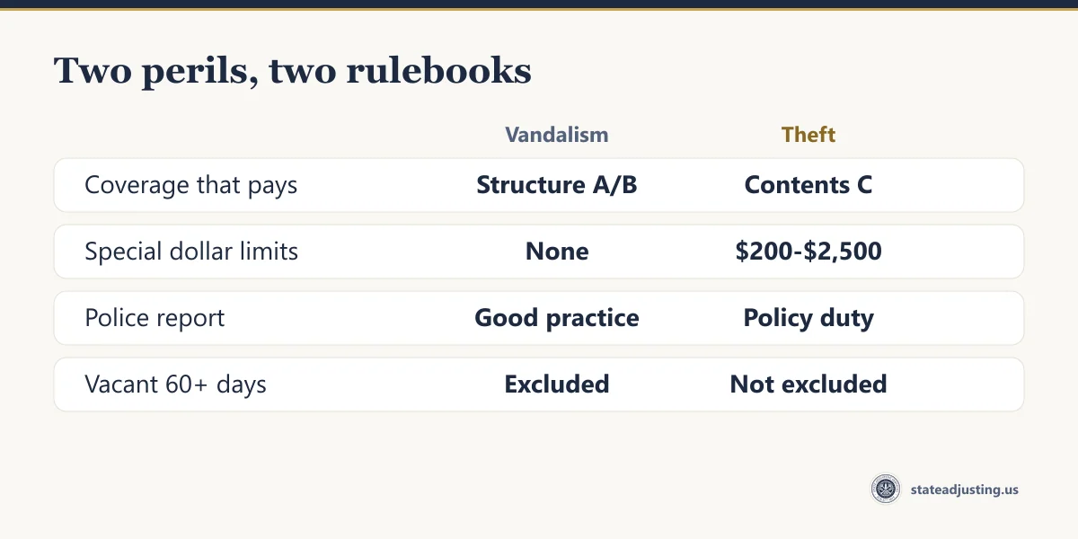 Comparison banner: vandalism pays under the structure coverages with no special limits, while theft pays under contents with $200 to $2,500 category caps, a police report as a policy duty, and a different result when the property has been vacant 60 days