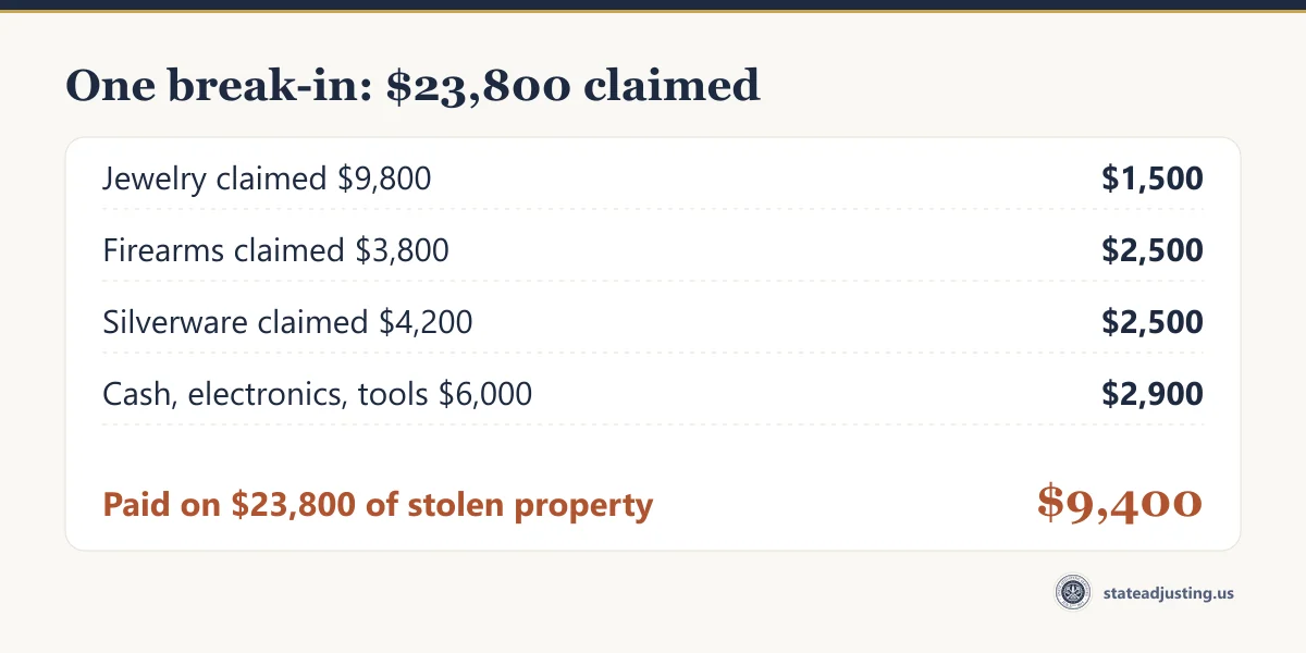 Receipt banner: on $23,800 of stolen property, jewelry claimed at $9,800 pays $1,500, firearms at $3,800 pay $2,500, silverware at $4,200 pays $2,500, and cash, electronics and tools claimed at $6,000 pay $2,900, for $9,400 in total