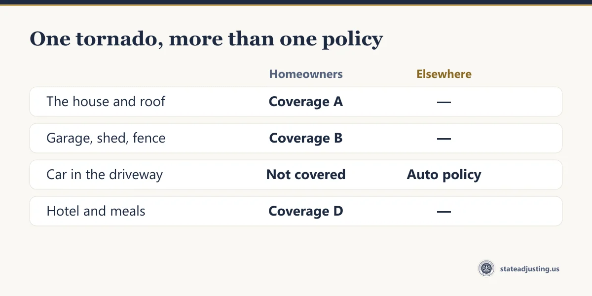 Comparison banner: the house and roof pay from Coverage A, garage and fence from Coverage B, hotel and meals from Coverage D, while a car in the driveway is not covered by homeowners and goes on the auto policy