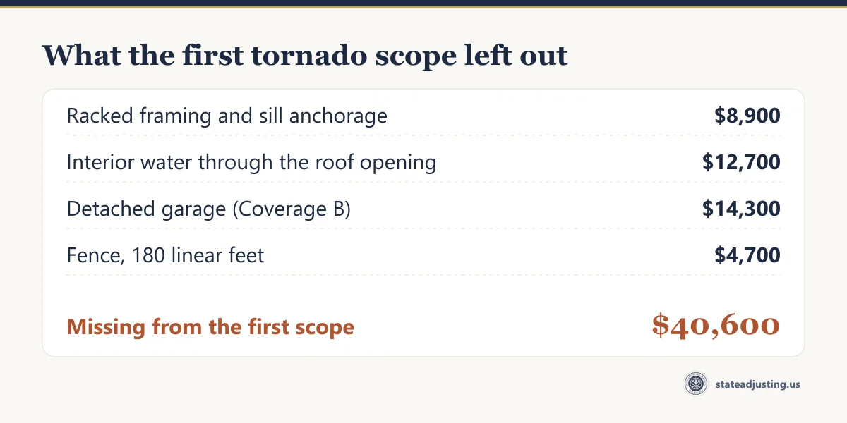 Receipt banner listing what a first tornado scope left out: racked framing and sill anchorage $8,900, interior water through the roof opening $12,700, detached garage $14,300, fence $4,700, totalling $40,600 missing from the first scope