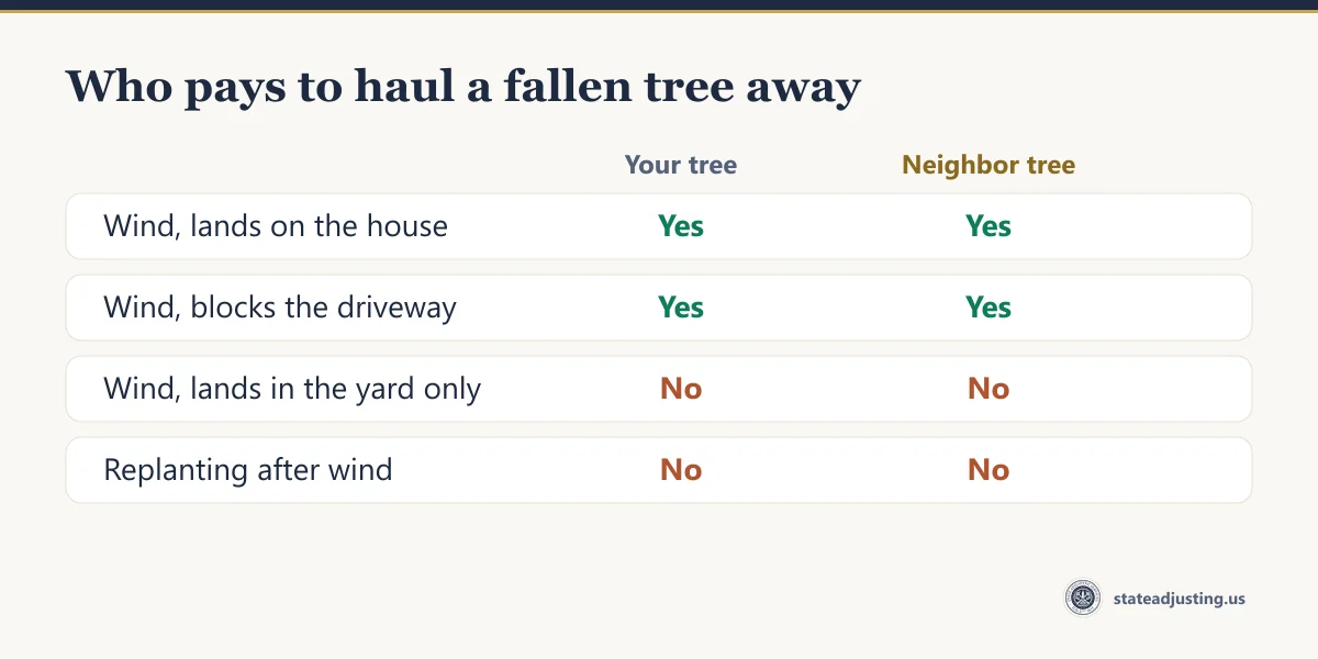 Comparison banner: removal of a wind-felled tree is paid when it lands on the house or blocks the driveway, for your tree and the neighbor tree alike, and not paid when it lands in the yard only or for replanting