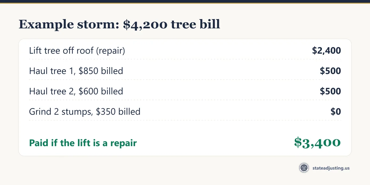 Receipt banner for an example storm with a $4,200 tree bill: $2,400 to lift a tree off the roof, $500 each to haul two trees billed at $850 and $600, $0 for stump grinding, $3,400 paid if the lift counts as a repair