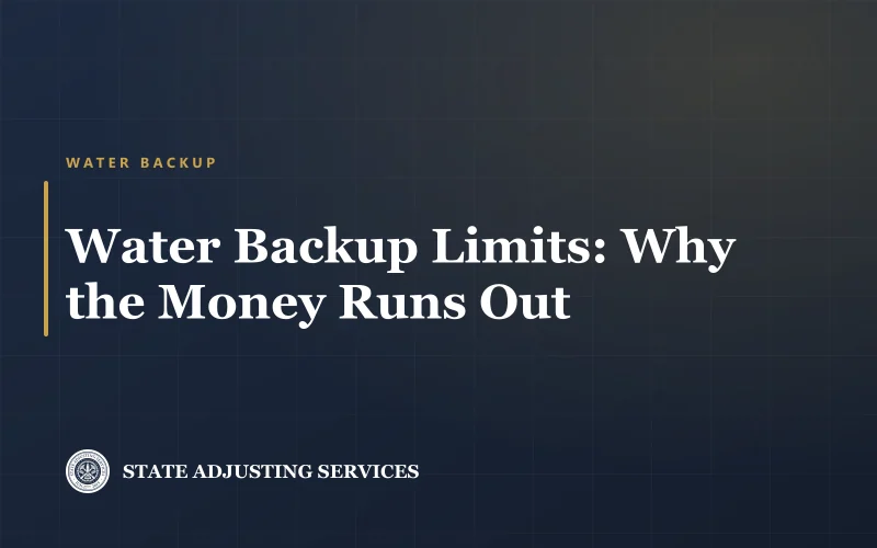 Article cover: water backup endorsement limits and why the money runs out on a basement loss, from State Adjusting Services