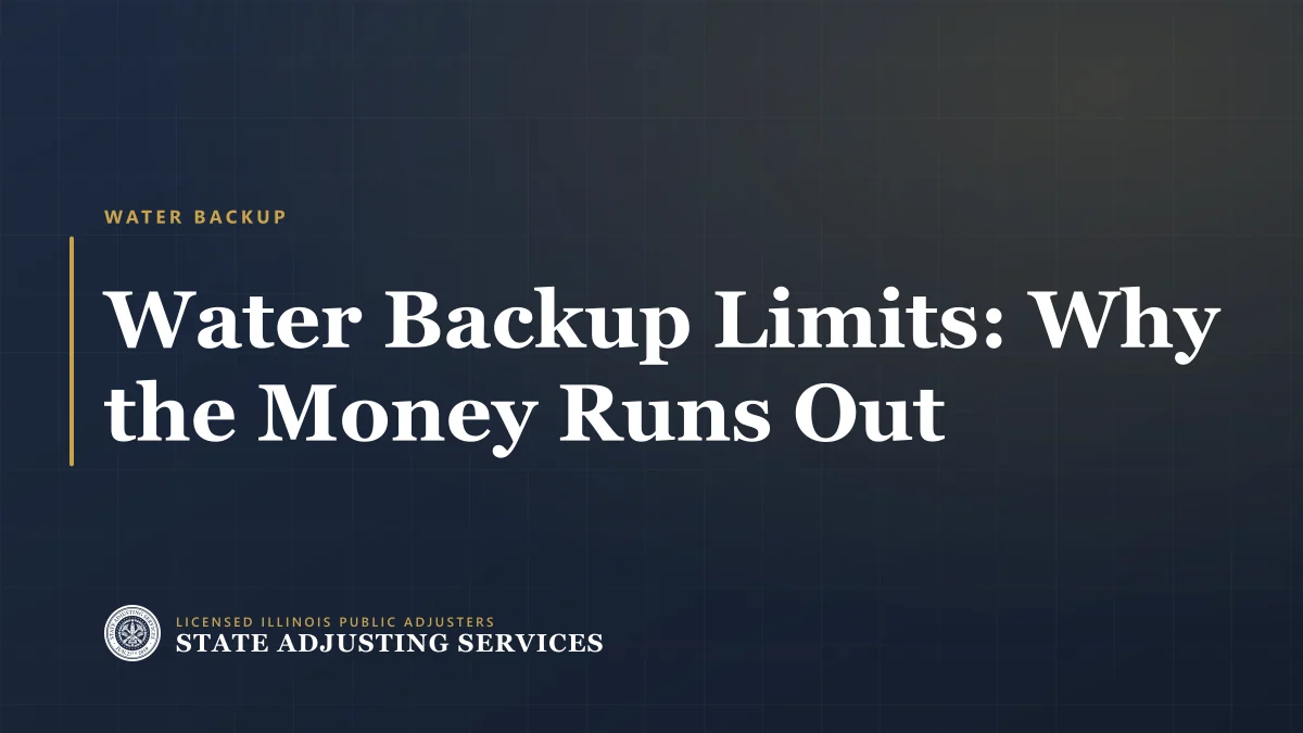 Article cover: water backup endorsement limits and why the money runs out on a basement loss, from State Adjusting Services