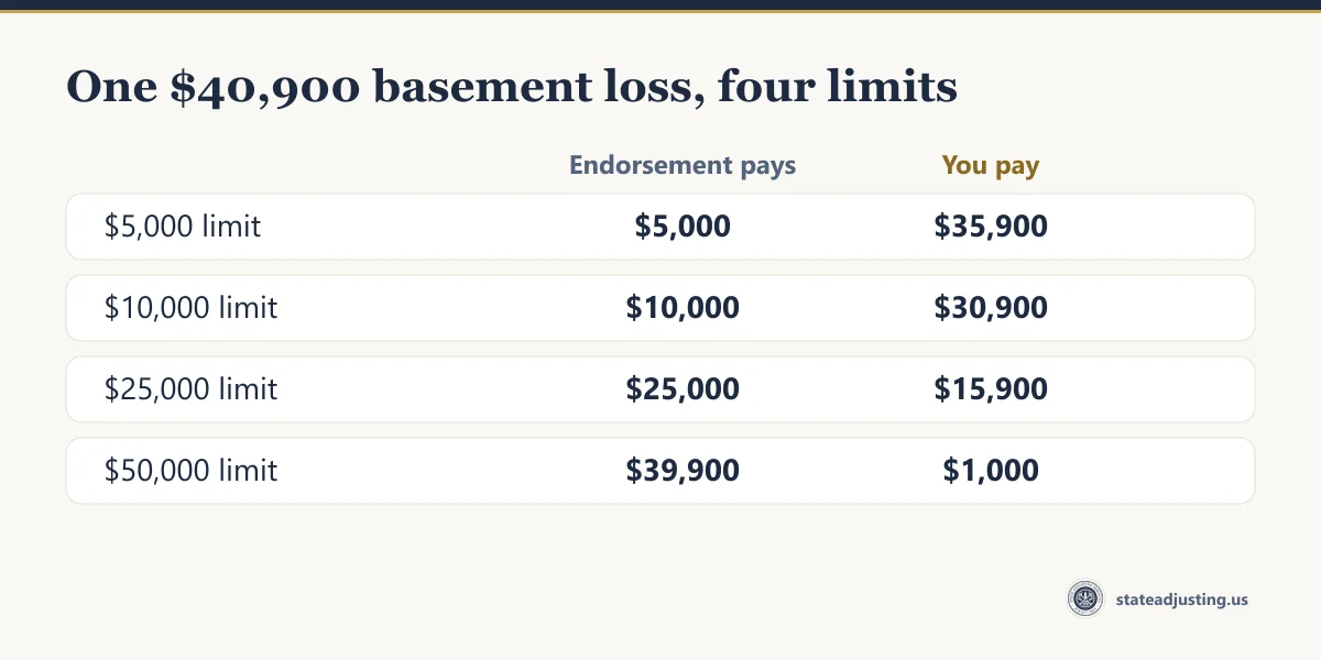 Comparison banner for one $40,900 basement backup with a $1,000 deductible: a $5,000 limit pays $5,000 and leaves $35,900 with the homeowner, $10,000 leaves $30,900, $25,000 leaves $15,900, and $50,000 pays $39,900 and leaves only the $1,000 deductible