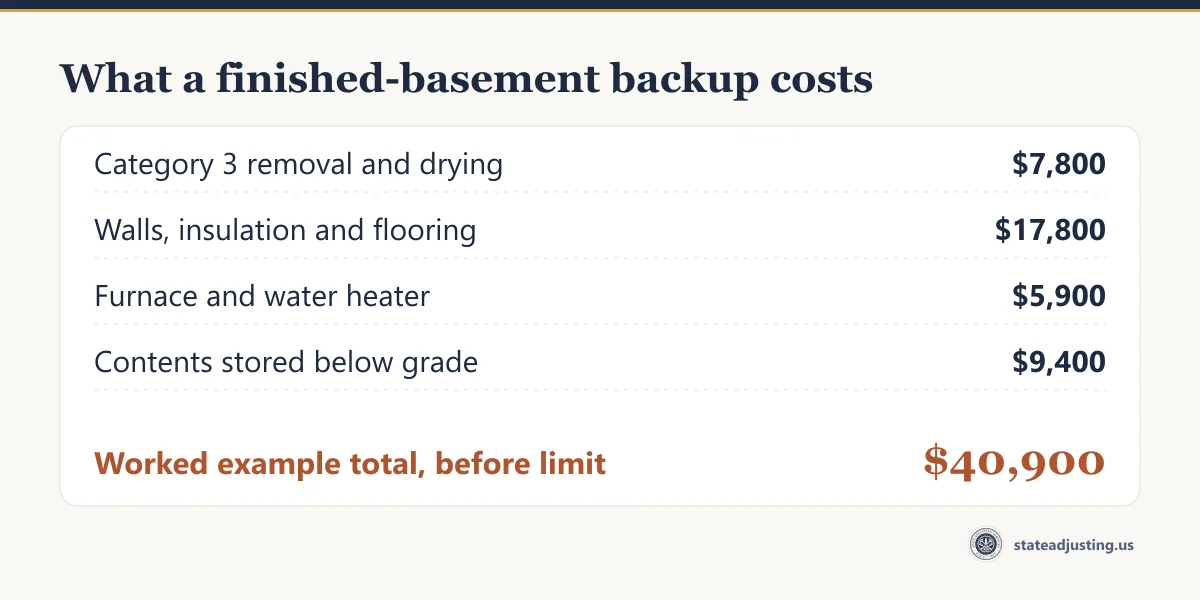 Receipt banner for the worked example: Category 3 removal and drying $7,800, walls, insulation and flooring $17,800, furnace and water heater $5,900, contents stored below grade $9,400, for a $40,900 basement loss before the limit applies