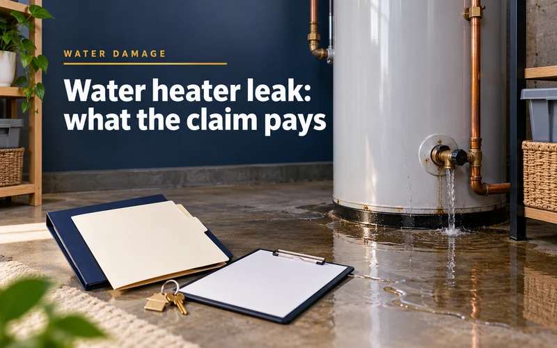 A white tank water heater leaking from its drain valve onto a wet basement floor, with a claim folder and clipboard beside it